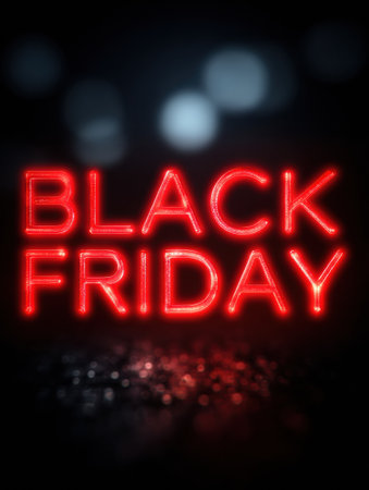 Neon red letters spell Black Friday against a dark backdrop, illuminated by soft bokeh lights, signaling major sales and discounts.の素材