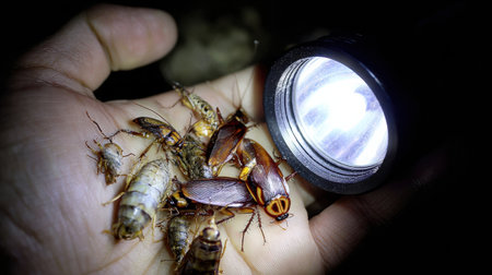 A hand holds various insects while a flashlight provides light in a dark forest at night. The scene captures the intrigue of nighttime exploration.の素材