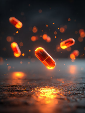 Pills are suspended in a dark environment, emitting a warm orange glow and casting reflections on the surface, creating an engaging visual display.の素材