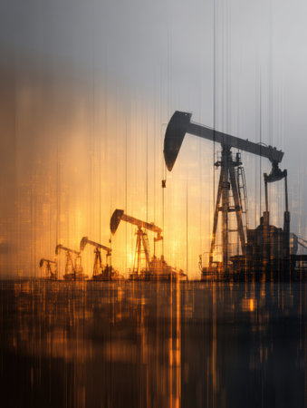 Oil pumps operate against a stunning sunset, casting orange hues and silhouettes, highlighting energy production during evening hours in the field.の素材