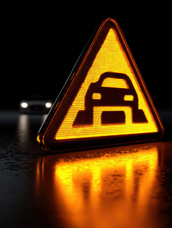 A bright orange triangular warning sign showing a car icon is illuminated at night, reflecting on a wet surface with a distant vehicle in the background.の素材