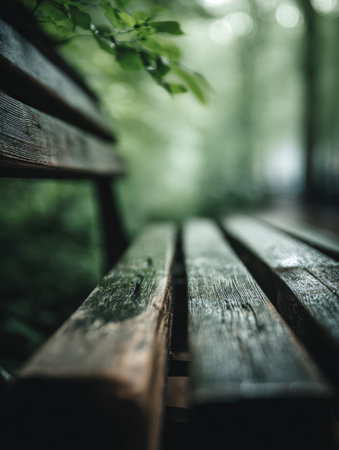 A weathered wooden bench sits quietly in a serene green forest, surrounded by vibrant foliage, offering a peaceful spot for quiet moments on a misty day.の素材