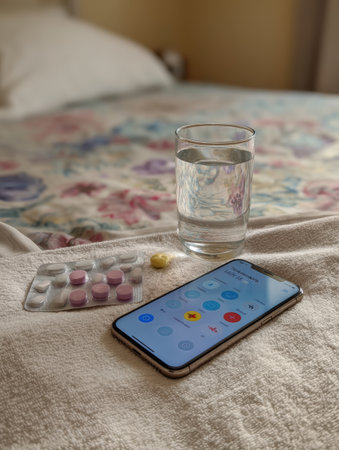 A serene setting features a glass of water and medication on a soft blanket, highlighting a relaxing afternoon at home filled with comfort and care.の素材