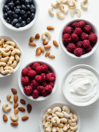 Fresh blueberries, raspberries, and assorted nuts are beautifully arranged in small bowls next to creamy yogurt. The scene is bright and inviting.の素材