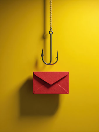 A bright yellow backdrop features a red envelope dangling from a fishing hook, representing a creative illustration of phishing and online security awareness.の素材