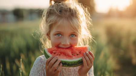 Child smiles while holding a slice of watermelon during a warm summer evening, surrounded by a lush green field, embodying joy and innocence.の素材