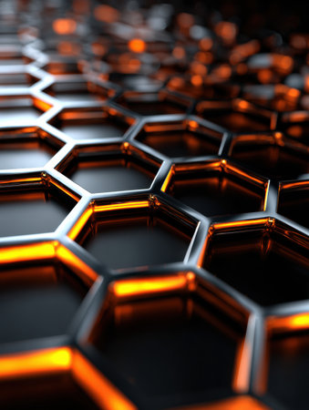 Close-up view of hexagonal shapes reflecting light in warm orange tones, forming a visually striking texture with a sleek appearance.の素材