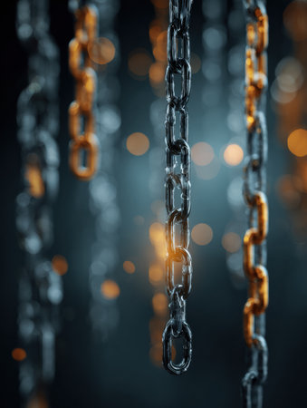 Metal chains dangle from above, illuminated by soft, warm glows in a dark setting, creating a captivating atmosphere with a blurred backdrop.の素材