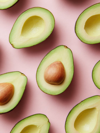 Bright green avocado halves are arranged on a pastel pink surface, highlighting their creamy texture and distinct brown pits. Fresh and inviting scene.の素材