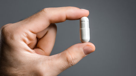 A person is holding a single capsule between their fingers, showing its size and design with a plain background that enhances focus on the supplement.の素材