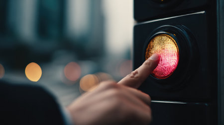 Hand reaching towards a traffic light showing yellow, with a blurred cityscape and lights in the background, indicating active urban life.の素材