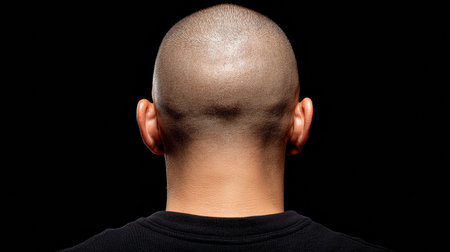 This image features a close-up view of the back of a shaved head, highlighting the smooth scalp and unique head shape in a stark black backdrop.の素材