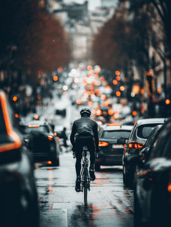 A lone cyclist pedals through a bustling city street filled with cars and soft evening lights as rain glistens on the pavement.の素材