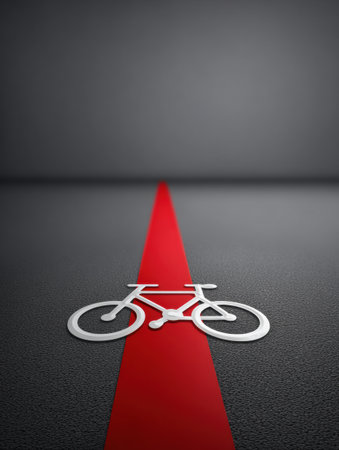 Bicycle symbol displayed on the pavement, marked by a vibrant red line, emphasizing cycling pathways in an urban setting.の素材