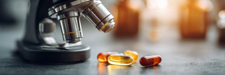 Laboratory scene featuring a microscope focused on various colorful capsules that represent pharmaceutical research and health studies in progressの素材
