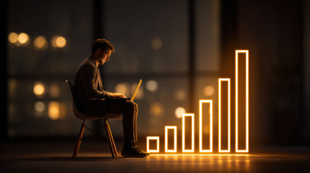 A man sits on a chair focused on his laptop in a contemporary office at night, with a bright growth chart indicating progress behind him.の素材