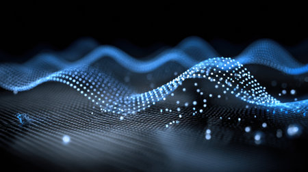 Visual representation of fluid and flowing light waves showcasing a digital aesthetic, evoking a sense of motion and modernity in a dark setting.の素材