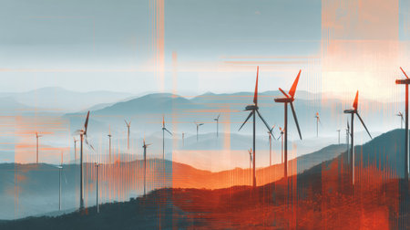 A captivating scene shows wind turbines scattered across a mountain range at dawn, surrounded by mist that adds a serene ambiance to the landscape.の素材