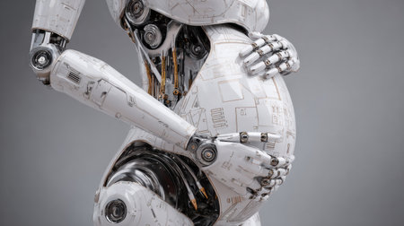 A futuristic robot figure gently cradles a pregnant belly, showcasing advanced designs and metallic textures in a calm and neutral studio environment.の素材