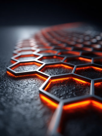 A detailed hexagonal design is illuminated with vibrant orange edges, set against a textured dark background, creating a modern and dynamic appearance.の素材