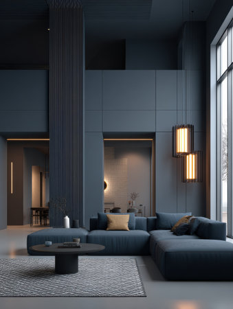 Contemporary living room features a spacious layout with blue furniture and unique lighting.の素材