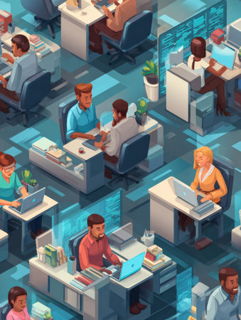 Colorful depiction of a bustling office environment showing various professionals engaged in tasks like collaboration, typing, and discussing projects.の素材