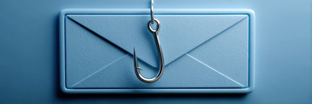 A fishing hook hangs from a blue envelope resting on a textured surface, creating a striking visual metaphor about communication and allure.の素材