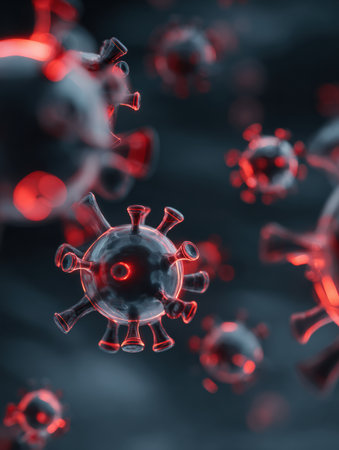 Clusters of vibrant red and transparent virus particles appear suspended in an abstract setting, revealing intricate structures and vivid colors.の素材