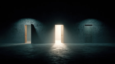 A dark room holds three doors, with two closed and one glowing brightly, creating an atmosphere of mystery and potential choices.の素材