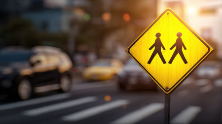 A bright yellow pedestrian crossing sign stands prominently by a busy road, with cars passing by as sunlight creates a warm glow in the background.の素材