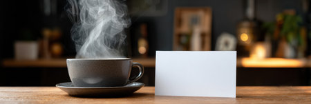 Hot cup of coffee with steam rising on a wooden table in a warm, inviting space. Blank card beside cup ready for messages or notes during a relaxing morning.の素材