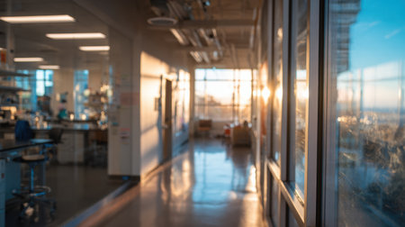 Warm sunlight filters through glass walls of a contemporary laboratory hallway during sunset, creating a calming atmosphere for researchers and students.の素材