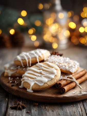 Cookies decorated with icing and spices sit on a wooden plate, surrounded by soft festive lights and hints of cinnamon, evoking a cozy holiday spirit.の素材
