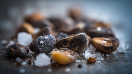 Clusters of dark stones are scattered among small white crystals, highlighting the textures and colors in a natural setting captured with soft focus.の素材