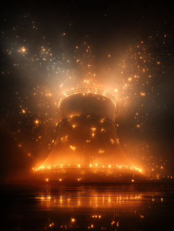 A power plant stands illuminated in a foggy nighttime setting, radiating warm light and surrounded by sparkling particles.の素材