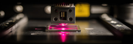 A close-up view of a laser cutting tool working on a metal surface, showing vibrant colors and precise technology in a laboratory setting.の素材