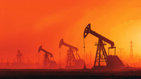 Oil pumps work against a stunning backdrop of a vibrant sunset, creating a striking contrast of silhouettes and colors in an industrial landscape.の素材