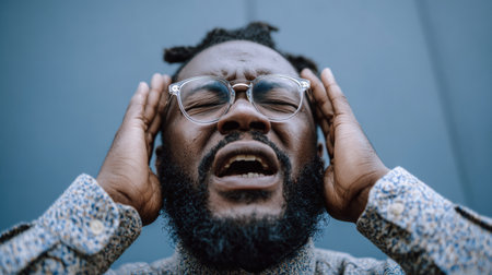 A man stands in a contemporary setting, gripping his head with both hands, clearly overwhelmed by frustration or stress, showing intense emotions.の素材