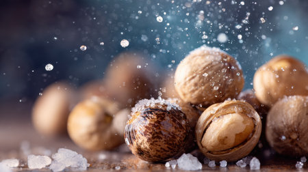 Pistachios are scattered on a wooden surface, adorned with sparkling salt crystals, highlighting their natural texture and inviting appearance.の素材