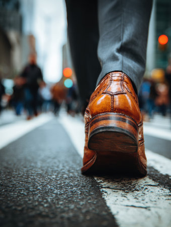 A man strides confidently across a busy street, wearing polished brown leather shoes. The urban environment buzzes with activity and pedestrians.の素材