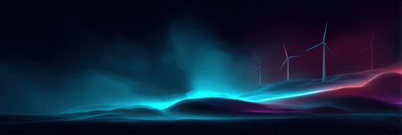 A stunning landscape showcasing wind turbines silhouetted against a vibrant twilight sky filled with shades of blue and pink, creating a serene atmosphere.の素材