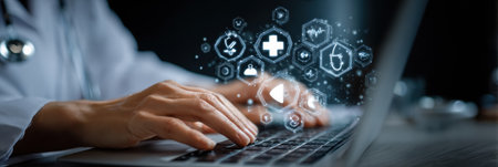 A healthcare professional is typing on a laptop, surrounded by digital icons representing medical services and health management tools.の素材