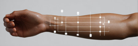 A close view of a bare human arm with visual data points illuminated on the skin, typically found in a scientific or medical analysis context.の素材