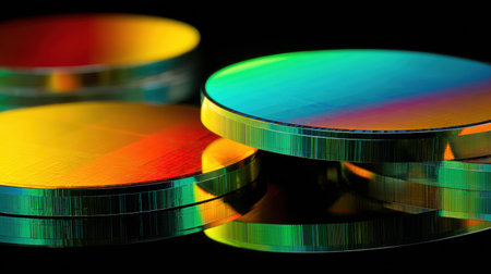 Silicon wafers exhibit vivid colors and unique reflections against a black backdrop, emphasizing their thickness and polished surface.の素材