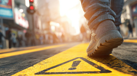 A pedestrian steps onto a bright yellow warning line in a bustling city street filled with people and cars during a vibrant sunset.の素材