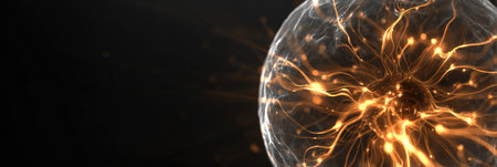 A glowing sphere pulses with energy, displaying intricate patterns of light against a deep black backdrop, evoking dynamism and beauty.の素材