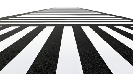 A long pedestrian crossing featuring bold black and white stripes creates a striking visual effect, leading towards a clear horizon under bright light.の素材