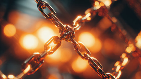 Shimmering metal chains intersect against a backdrop of softly glowing warm lights, capturing the contrast between cold steel and warm ambiance.の素材