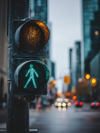 A traffic signal displays a green pedestrian light at a busy city crosswalk as vehicles pass by during the evening hours with a cloudy sky.の素材