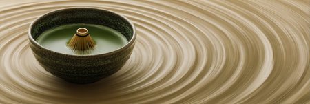 A bowl containing green tea sits in the center, with a bamboo whiskey resting inside. Soft ripples extend gracefully from the bowl on a sandy surface.の素材